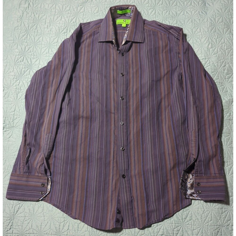 Bristol & Bull Button Down Shirt Sz M Purple Multi-Stripe Contrast Paisley Cuffs